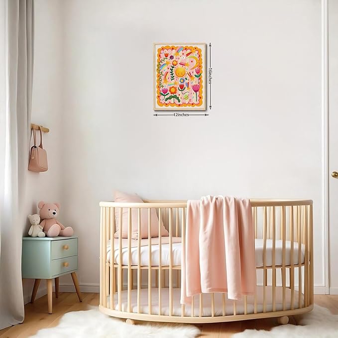 KISSFOX Framed Wall Art Nursery Wall Decor Floral Pictures Kids Cute Flower Canvas Art Sun Moon Stars Paintings Whimsical Celestial Artwork For Children Boys Girls Room Playroom