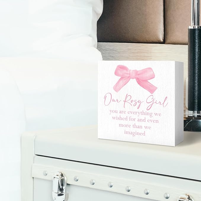 Coquette Bow Our Girl Nursery Wood Box Sign - Baby Girl Nursery Desk Shelf Decor, Pink Coquette Room Decor, Pink Inspirational Wooden Block Plaque Box Sign for Girls Room Dorm Decorations