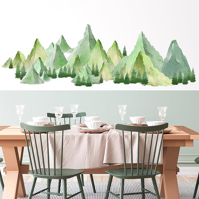 Watercolor Mountain Wall Decal Large Mountains Tree Wall Stickers Peel and Stick Green Pine Tree Decals Nature Art Big Mountain Stickers Forest Decal for Bedroom Living Room Decor
