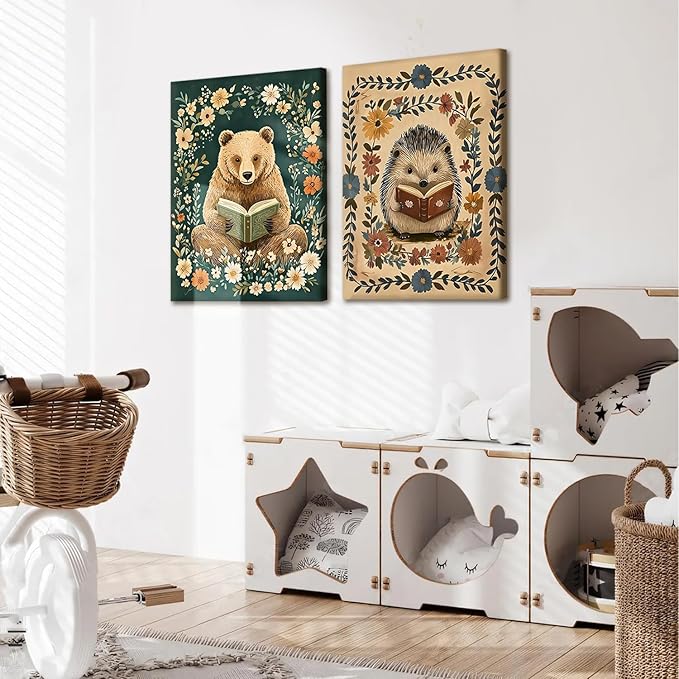3pcs Animal Reading Canvas Wall Art Cute Woodland Animals Wall Decor Bear Hedgehog Squirrel Pictures Print Bohemian Floral Posters Paintings Suitable for Kids Room Nursery Playroom 16 x 24 Inch
