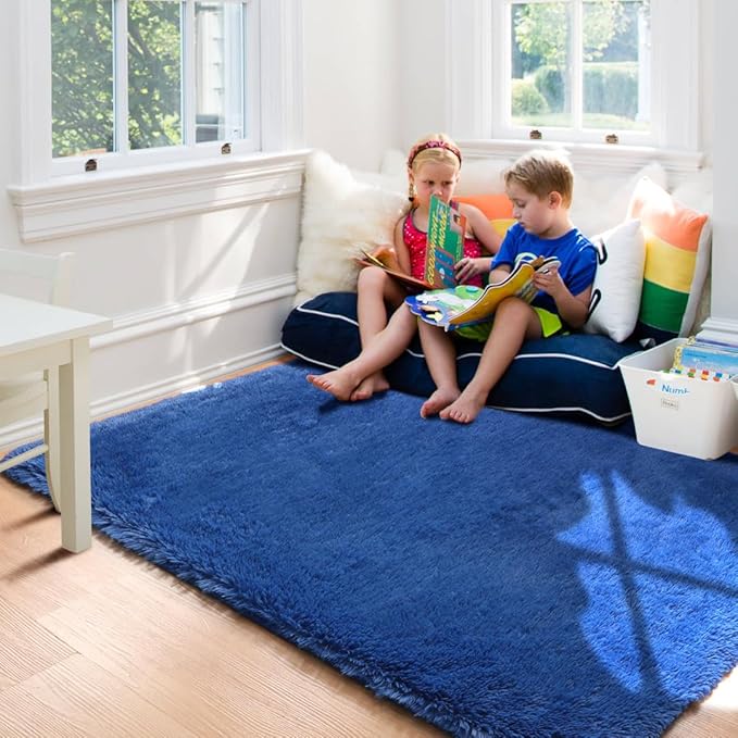 ONASAR Navy Area Rugs for Bedroom Living Room, Washable 4x6 Blue Fluffy Indoor Bedside Floor Rug, Ultra Soft Plush Furry Fuzzy Shaggy Carpet for Nursery Kids Boys Teen Dorm Home Decor Aesthetic