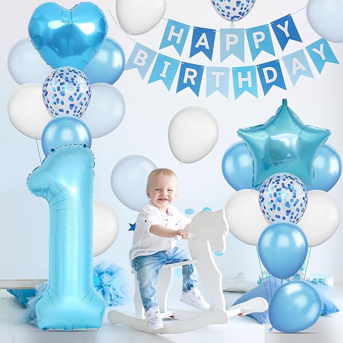1st Birthday Decoration for Boys, Blue White Confetti 1st Birthday Balloon with 40Inch Number 1 Blue Balloons Star Heart Foil Balloon and Happy Birthday Banner for Baby 1 Year Old Birthday Party Decor