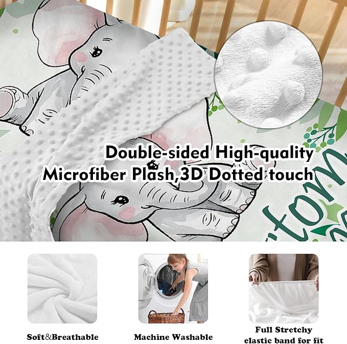 Custom Baby Crib Bedding Set - Green Elephant Design Personalized Name Baby Nursery Bedding 3 Pcs Set - Chic Soft Blanket, Fitted Sheet, Room Rug for Newborns Boys Girls Gifts