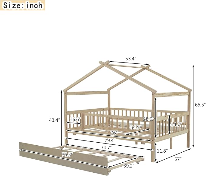 Merax Twin Size Wooden House Bed with Twin Size Trundle, Wood Bed Frame with Roof and Safety Guardrail for Kids, Teens, Boys or Girls, White