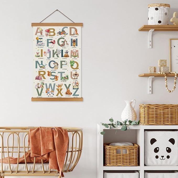 KAIRNE Alphabet Poster With Wood Magnetic Hanging Framed(35CMx56CM) Kids Growth Mindset Canvas Hang Signs,Emotions Learning Prints Classroom Decor Animal ABC Wall Art for Playroom Nursery Decor