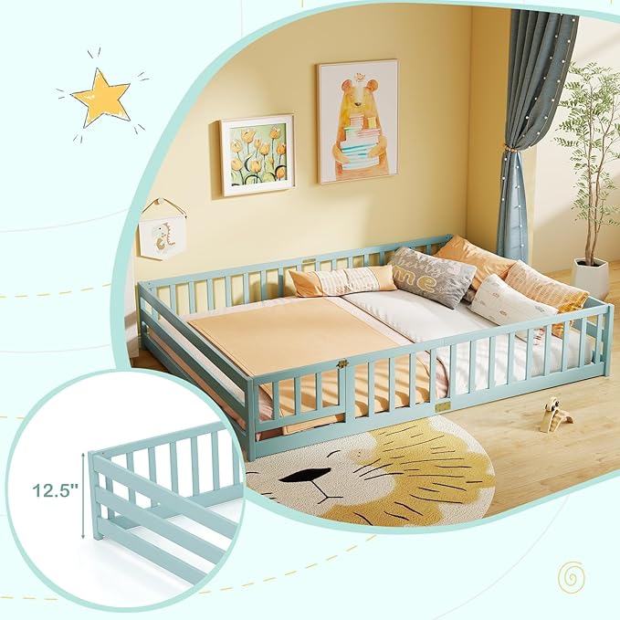 KOMFOTT Queen Size Wood Floor Bed with Door & Fence, Montessori Bed Frame with Full Length Safety Guardrails, Door & Latch, Wooden Montessori Floor Bed for Kids, Girls, Boys (Queen,Green)