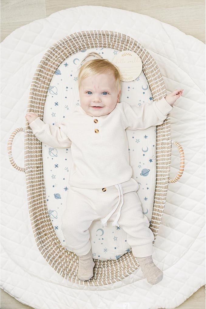 Konssy 2 Pack Muslin Bassinet Sheets for Baby Boy, 100% Cotton Soft Breathable Bassinet Mattress Sheets Fit for Hourglass Oval Cradle Rectangle Mattress (Star,Blue)