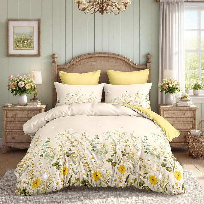 Floral Duvet Cover Set Queen 3 Pieces Beige Yellow Bedding Set Vintage Flower Butterfly Bedding Aesthetic Soft Microfiber Farmhosue Duvet Cover with 2 Pillowcases