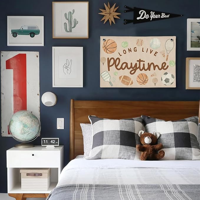 Playroom Wall Decor, Kids Toddler Boy Playroom Bedroom Sport Decor Hanging Linen Banner,Play Room Wall Decor for Kids Boys Nursery, 20x30 Inch