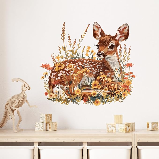 Cute Sitting Sika Deer with Flower Wall Decal Nursery Fawn Woodland Animal Wall Sticker Removable Peel and Stick Wall Art Decor for Kid Baby Classroom Preschool Living Room Bedroom School