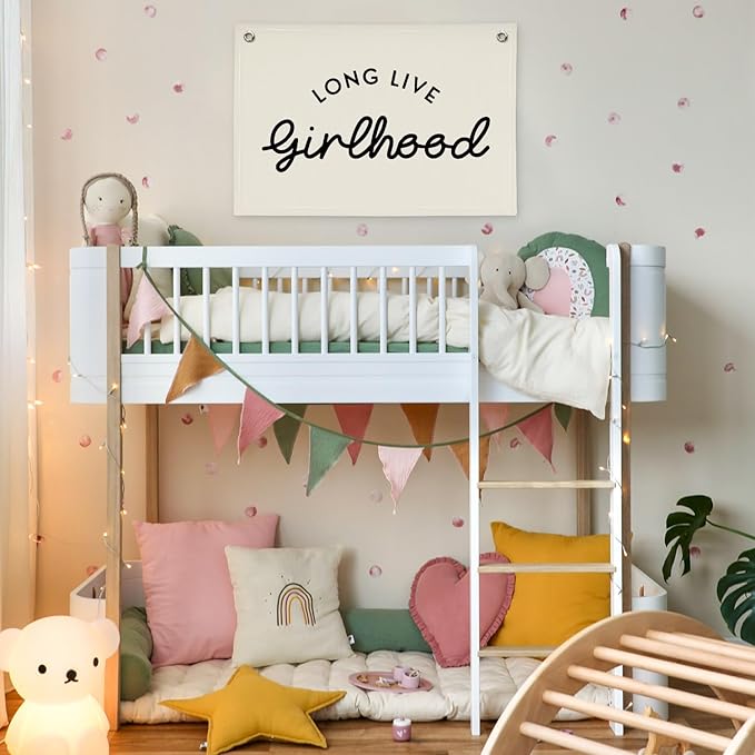 Girl Room Decor Long Live Girlhood Linen Banner Hanging Flag Retro Banner for Nursery Playroom Wall Decor for Kids Bedroom Decorations,Baby shower gifts 30x20(Black Letter)