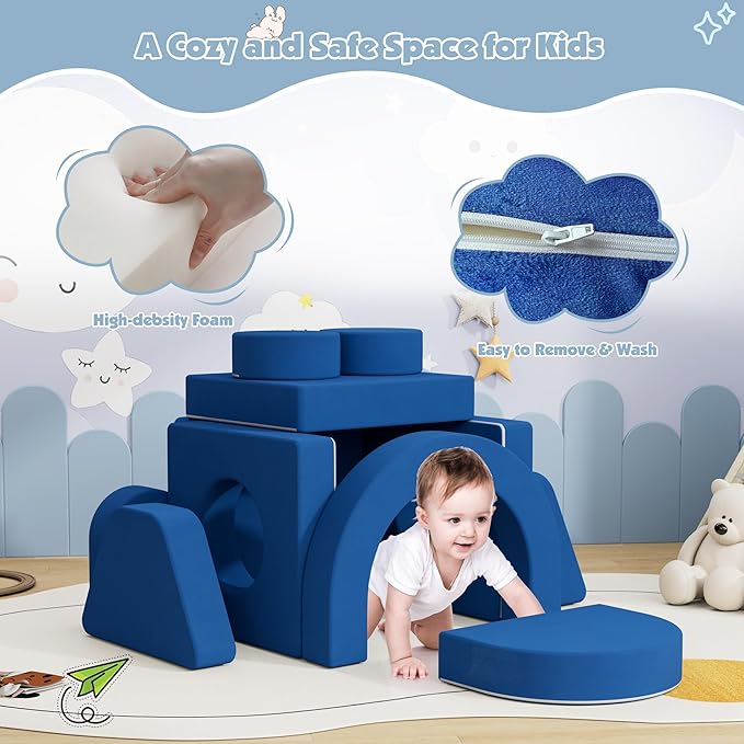 12 PCS Modular Kids Play Block Couch Child Sectional Sofa Toddler Building Fortplay Bedroom Playroom Baby Convertible Floor Foam Cushion for Boys & Girls (Blue-Double)