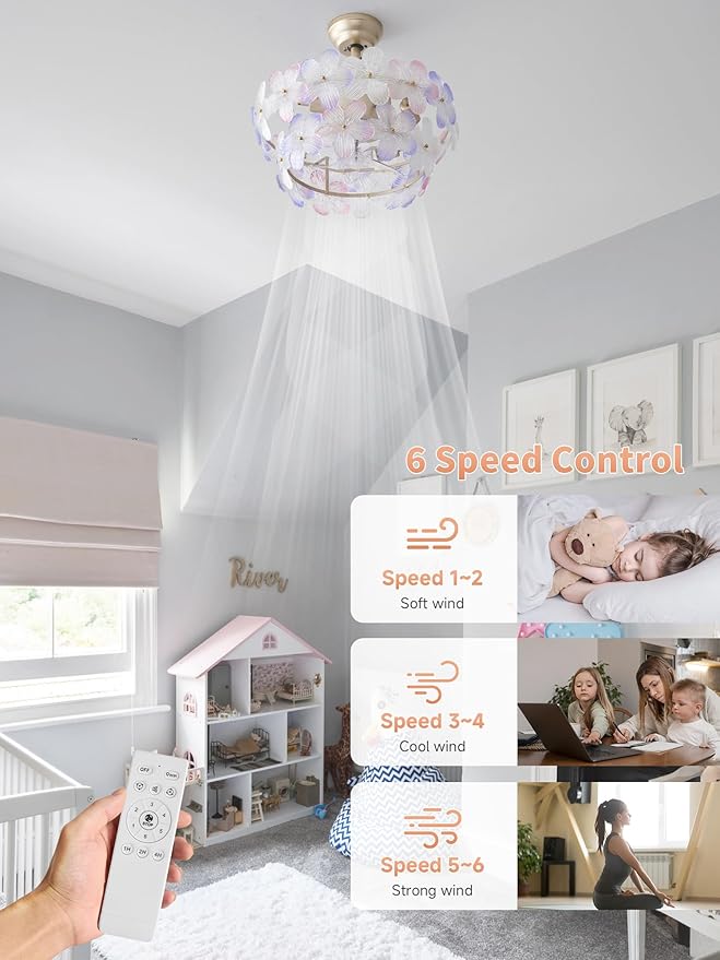 Gold Crystal Fandelier Ceiling Fans with Lights, 20" Gold Flower Chandelier Ceiling Fan with Light Remote Control, Caged Mid Century with 6 Speeds for Bedroom, Nursery, Living Room (Multi)
