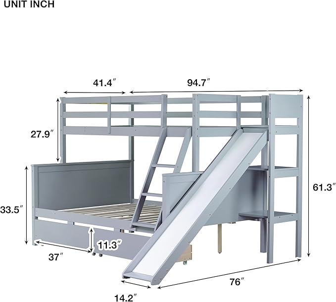 Twin Over Full Bunk Bed with 2 Drawers and Slide, Wood Bunk Bed Frame with Shelves and Ladder, Space Saving Design Bunk Bed for Kids Teens Boys Girls (Grey-x32c)
