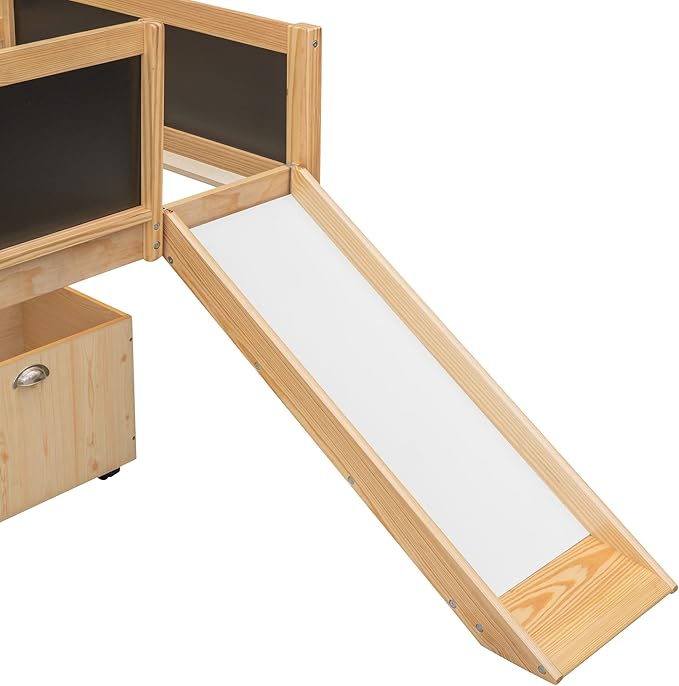 Play Fun Design Twin Size Loft Bed with Slide and Rope Climbing Ladder for Kids Boys Girls, Solid Wood Loft Bed Frame with 2 Storage Boxes and Double-sided Chalkboard, Sturdy Slat Support (Natrual-2)