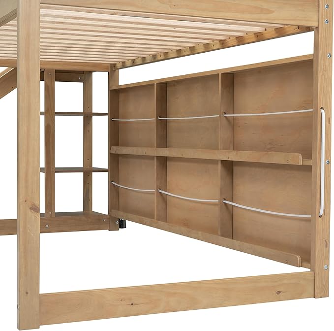 Playful Twin Size Wood House Loft Bed with Slide and Climbing Ramp, Multiple-Function Low Loft Bed Frame with Storage Shelves and Light for Kids Teens Boys Girls Bedroom (Wood-C)