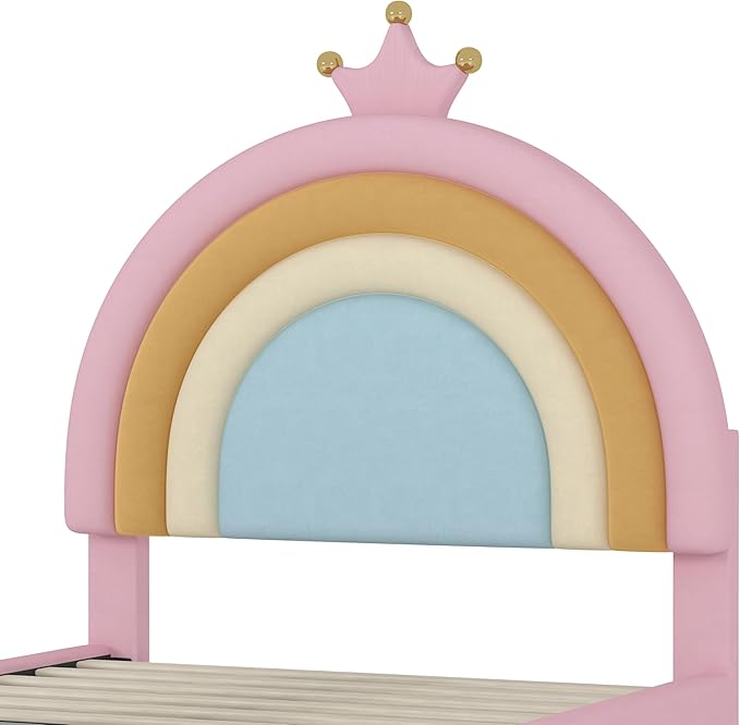 LUMISOL Princess Bed Frames for Kids,Twin Rainbow Bed Frame with Drawers, Upholstered Platform Bed, Velvet Bed for Girls, Fits Standard Twin Mattress, Pink