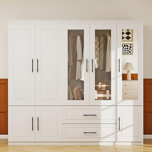 5 Door Armoire Wardrobe Closet with Mirror: Wood Wardrobe Closet Combination Bedroom Armoire 2 Drawer with Hanging Rods Glass Door for Home/Bedroom/Living Room White
