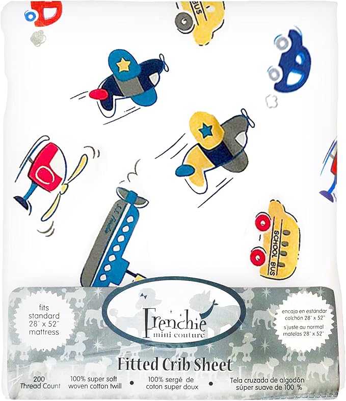 Frenchie Mini Couture, Cars, Boats, Planes Single Pack Fitted Crib Sheet – 100% Cotton, 28 x 52 x 8in