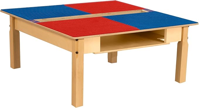 Time-2-Play Kids Montessori Lego Compatible Blocks Table with 35" Square Red and Blue Hardwood Table Top and Trough with Shelf, Children's Solid Wood Playroom Desk [14" Long Legs]
