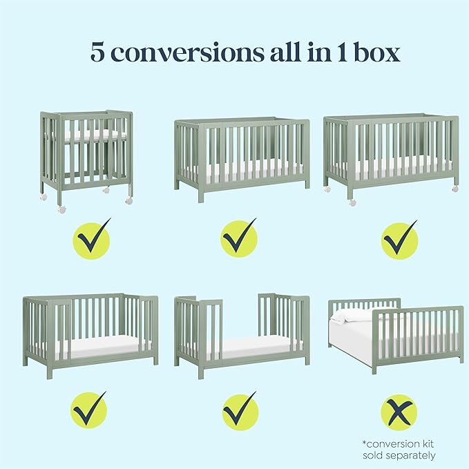 Carter's by DaVinci Colby Grow 6-in-1 Convertible Crib - Portable Bassinet, Full-Size Baby Crib w/Removable Wheels, Toddler Bed, Junior, Full-Size Bed, GREENGUARD Gold Certified, 4 Adjustable Heights