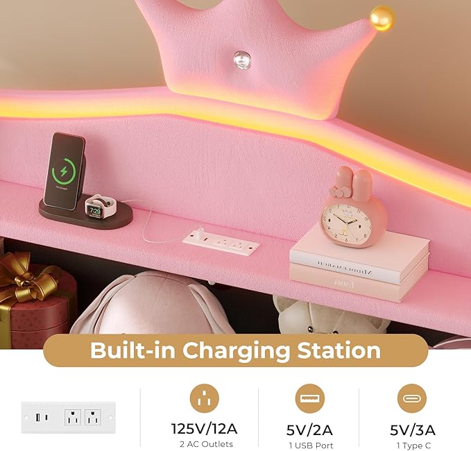 MSmask Twin LED Bed Frame with Storage Headboard & Drawer, Princess Upholstered Bed with Charging Station & Crystal Button & Crown, Velvet Platform Bed for Girls, Solid Wood Slats, Curved Legs, Pink