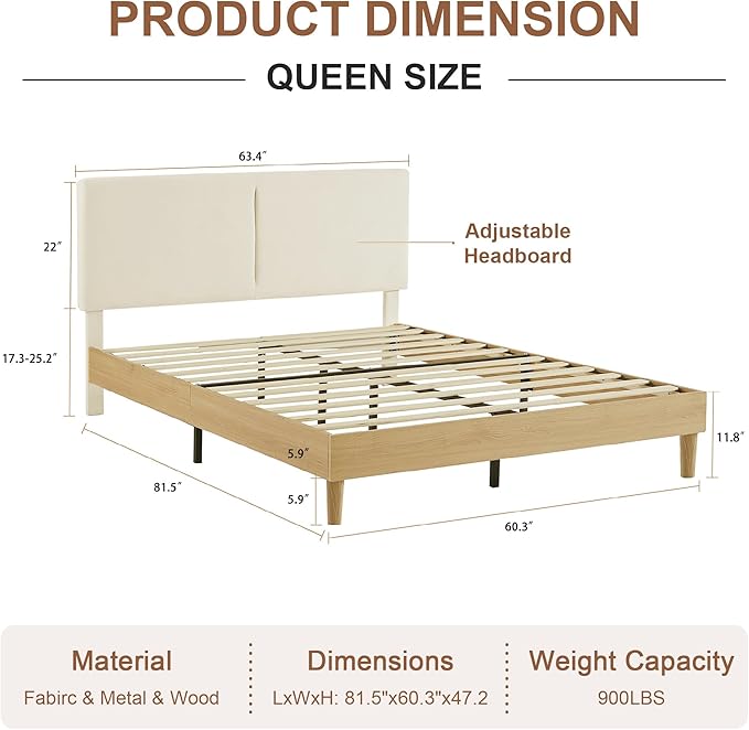 VECELO Queen Size Bed Frame Upholstered Platform Beds with Height-Adjustable Cotton and Linen Headboard, Heavy Duty Wood Slats, 6" Under-Bed Space, Noise-Free, No Box Spring Needed, Easy Assembly