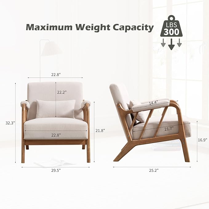 Mid Century Modern Accent Chair with Solid Wood Frame, Upholstered Living Room Chairs with Lumbar Cushion Padded Arms, Reading Armchair for Bedroom (1, Beige)