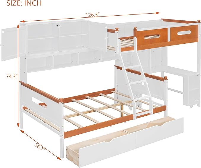 Twin Over Full Bunk Bed with Desk and Drawers, Wooden Bunk Bed with Shelves and Cabinet for Kids Teens Adult Bedroom, Space Saving Design