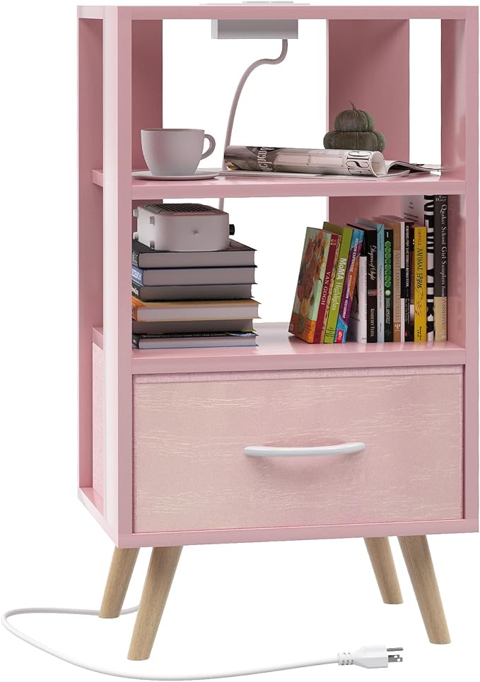 Night Stand with Charging Station, Pink Kids Nightstand with Drawer, 3-Tier Nursery Bedside Table with USB Ports and Outlets, End Table for Small Space, Living Room, Bedroom