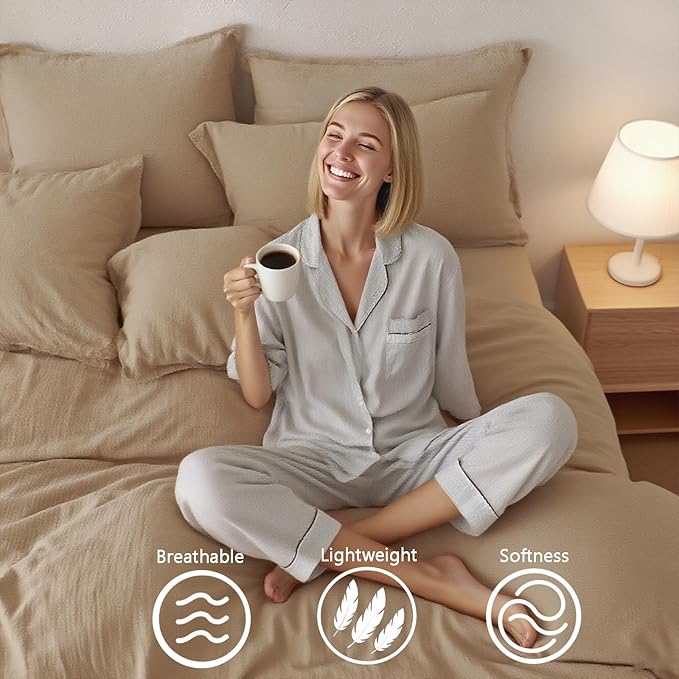 MorroMorn Muslin Duvet Cover King Size, 100% Cotton Comforter Cover Set Ultra Soft, 3 PCS 2-Layer Gauze Duvet Cover with 2 Pillowcases, Breathable Lightweight Linen Like, 90"x104", Linen Beige