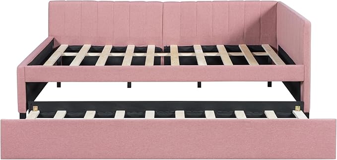 Harper & Bright Designs Full Size Upholstered Daybed with Trundle Sofa Bed Frame for Boys Girls Kids Adults Toddler No Box Spring Needed, Linen Fabric(Pink)