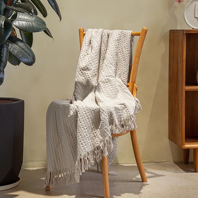 100% Cotton Waffle Blanket with Fringe, Pre-Washed Waffle Weave Blanket for All Season, Lightweight Breathable Soft Cozy Throw Blanket for Couch, Bed, Travel (Beige - 50x60 Inches)