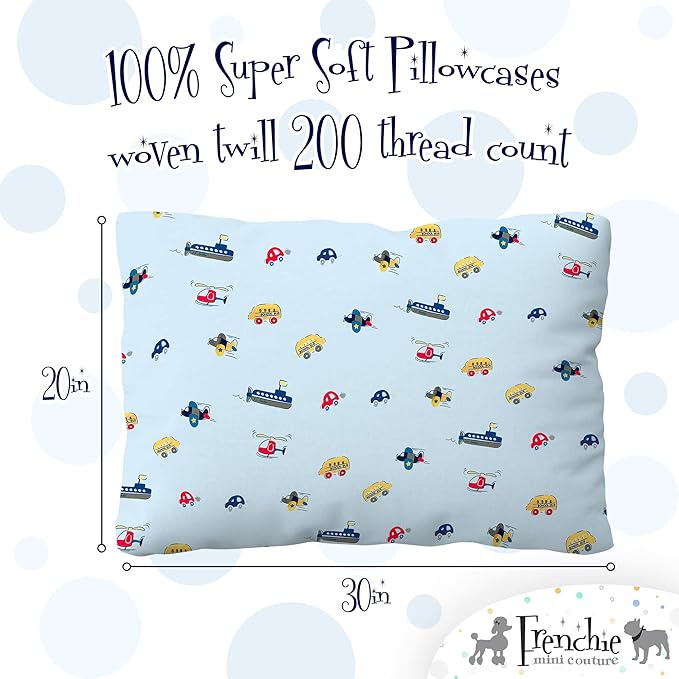 Frenchie Mini Couture, 2-Piece Kids Twin Sheets Set, 100% Woven Cotton, Deep Pocket Bed Sheet 39 x 75 x 15in + Pillowcase 20 x 30, Cars, Boats, & Planes