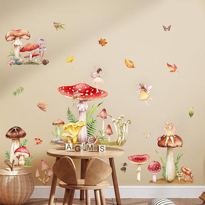 Supzone Woodland Mushroom Wall Decals Elf Flower Fairy Wall Stickers Peel and Stick Vinyl Wall Art Decals for Girls Bedroom Living Room Baby Nursery Wall Decor