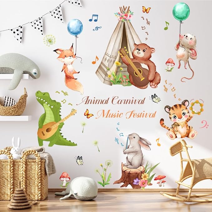Animal Wall Decals Peel and Stick Bear Crocodile Wall Sticker Removable Safari Tiger Wall Decal Music Wall Stickers for Bedroom Nursery Classroom