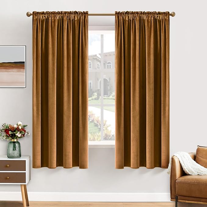 MIULEE Golden Brown Velvet Curtains Thermal Insulated Blackout Curtain Drapes for Bedroom Living Room Darkening 63 Inches Long Curtains Panels Rod Pocket Set of 2