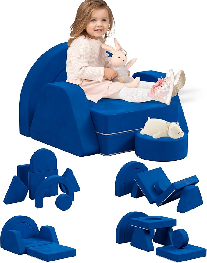 7 PCS Modular Kids Play Block Couch Child Sectional Sofa Toddler Building Fortplay Bedroom Playroom Baby Convertible Floor Foam Cushion for Boys & Girls (Blue-Single)