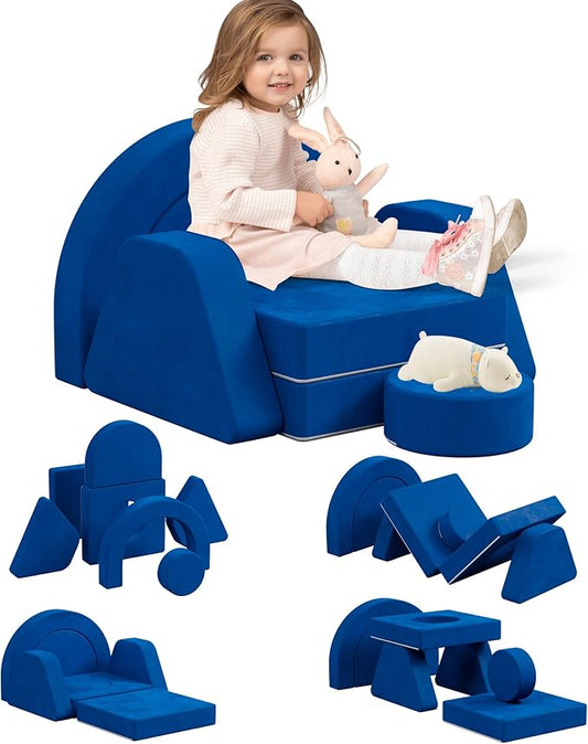 7 PCS Modular Kids Play Block Couch Child Sectional Sofa Toddler Building Fortplay Bedroom Playroom Baby Convertible Floor Foam Cushion for Boys & Girls (Blue-Single)