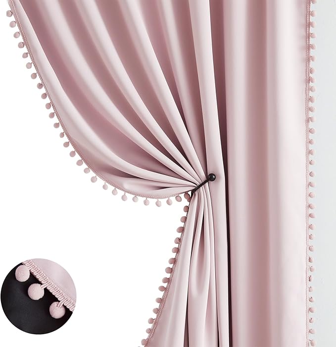 Pink Blackout-Curtains for Bedroom Pom Pom Thermal Insulated 100% Full Blackout Curtain Panels for Girls Baby Nursery Room 84 inch Energy Efficient Window Drapes for Kids 52"w x2 Panels Rod Pocket