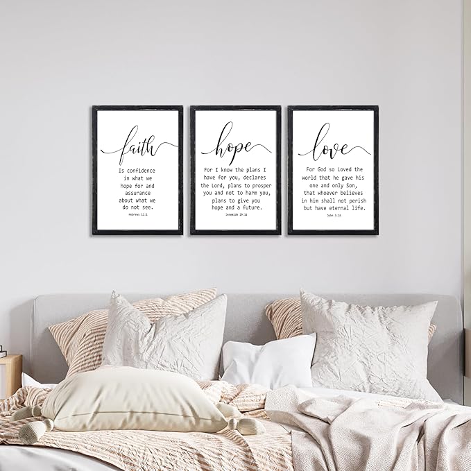 Faith Hope and Love Bible Verses Wall Decor Sign 16x11Inch Wood Framed Set of 3 Farmhouse Living Room Christian Faith Scripture Art Inspirational Religious Quote Love Wall Hanging (Black)