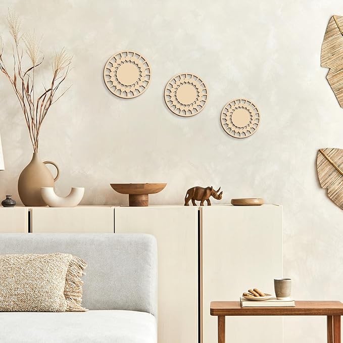 3Pcs Boho Wall Decor, Wooden Modern Circle Wall Art, Neuyral Minimalist Aesthetic Wood Decoration for Nursery Kids Room Living Room Kitchen Bedroom Office (Burlywood)