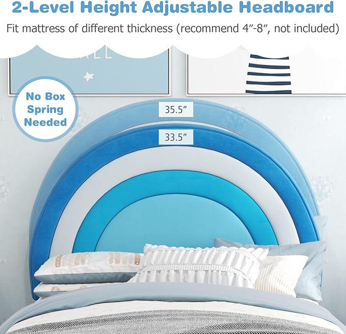 Costzon Twin Bed Frames for Kids, Upholstered Wooden Kids Bed w/Adjustable Headboard, Slats Support, 660 LBS Weight Cap, No Box Spring Needed, Easy Assembly, Twin Platform Bed Frame (Blue Rainbow)