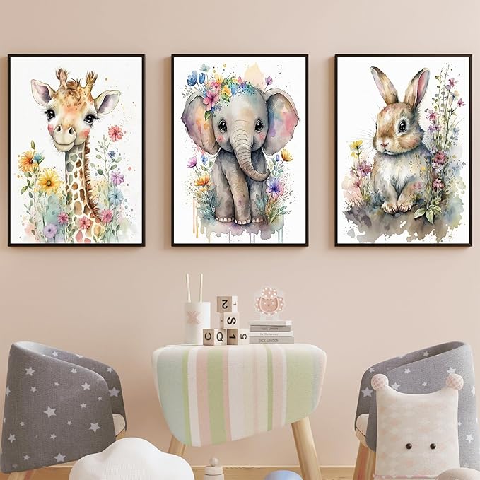 3Pcs Baby Watercolor Safari Animals Nursery Canvas Wall Art Cute Jungle Animals with Wildflower Picture Posters Wall Decor Giraffe Elephant Rabbit Painting Print Artwork for Kids Children Room 12x16in