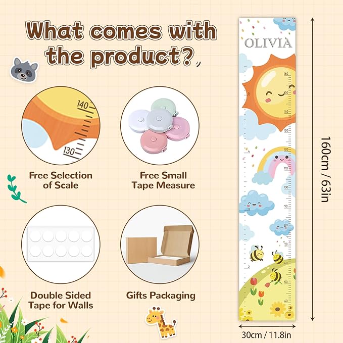 Personalized Growth Chart for Wall, Sun Rainbow Height Growth for Kids, Wooden Name Ruler for Nursery and Playroom, Baby Shower Gift 63" x 11.8"