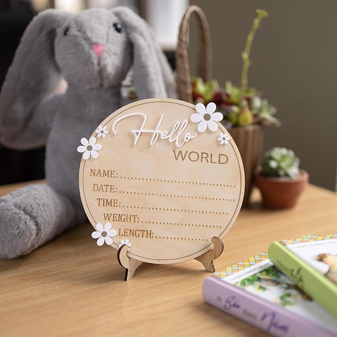 Baby Announcement Sign 6.5 Inch Wooden Hello World Newborn Welcome Sign Birth Name Plaques for Photo Props Shower Hospital Nursery (Daisy)