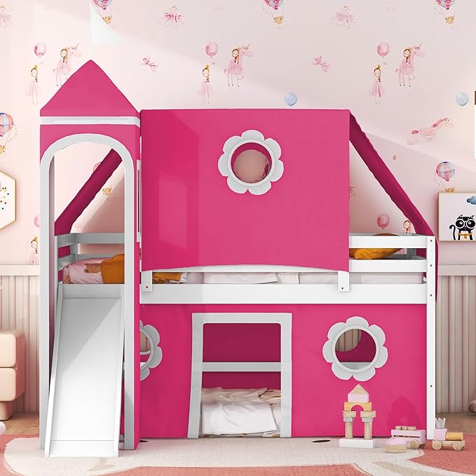 Full Size Low Loft Bed with Slide & Tent and Tower, Playhouse Design Solid Wood Tent Bed Frame for Kids Boys Girls, Versatile Spacious Under Bed Space with Curtains (Pink-FF)