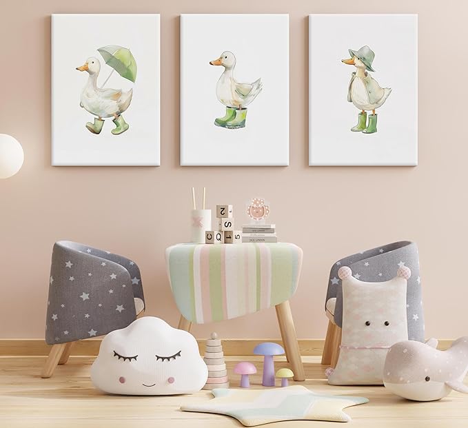 3Pcs Baby Animal Nursery Wall Art Funny Green Rain Gear Duck Painting Picture Wall Decor This Set of 3 Happy Ducks Wearing Green Boots Poster Print Artwork for Kids Boys Room Bedroom Decorate,Framed