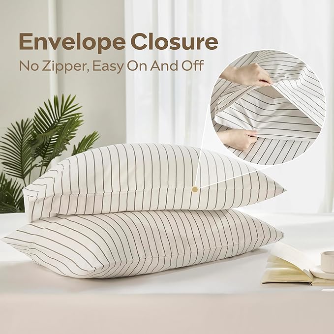 JELLYMONI Striped Duvet Cover Set - Full Size 100% Cotton - 3PCS White & Grey Vertical Stripes Bedding - Hidden Zipper Closure & 8 Corner Ties - Breathable Comforter Cover for Bedroom