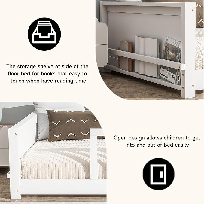 Twin Toddler Floor Bed with High Rails, Wooden Montessori Bed Frame with Built-in Book Rack, Twin Size Bed Frame for Kids, Boys and Girls, White